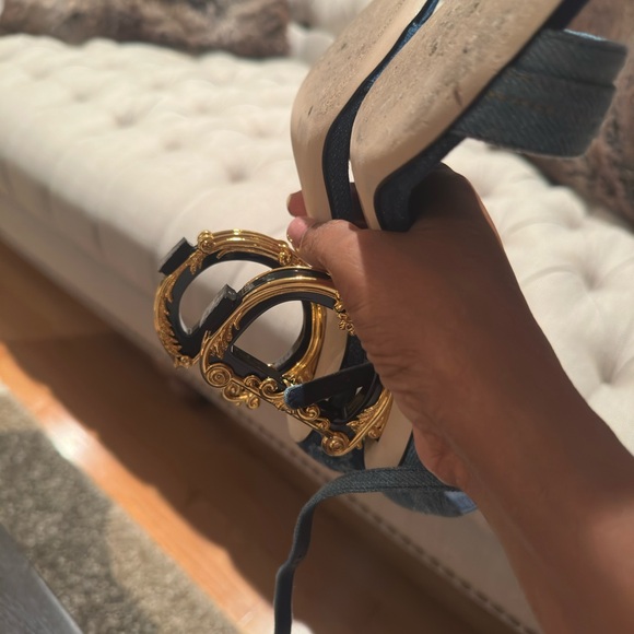 Dolce & Gabbana Patchwork denim sandals with baroque DG heel - Picture 8 of 9